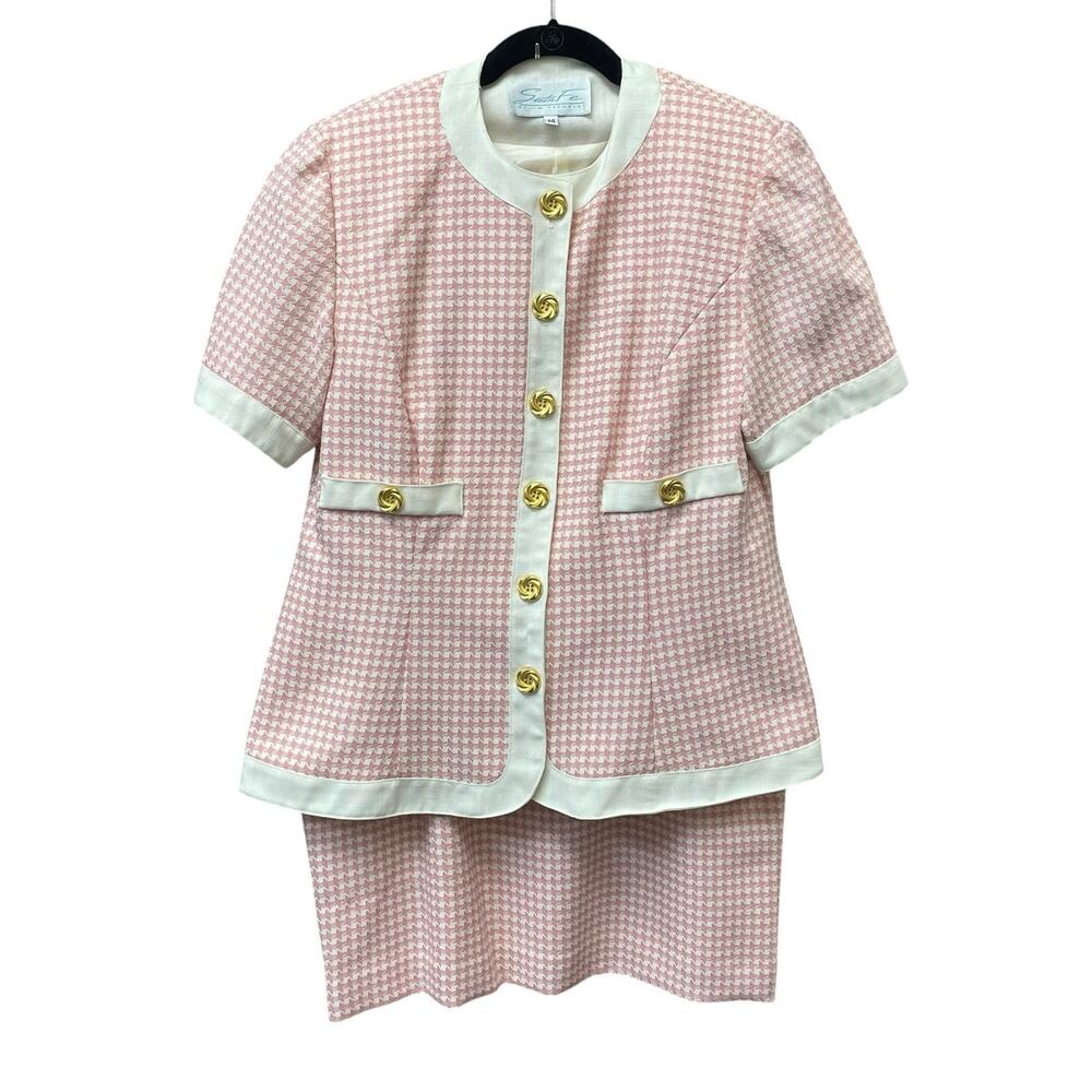 80's Vintage Santa Fe Pink White Houndstooth 2 Piece Skirt Suit Womens 14